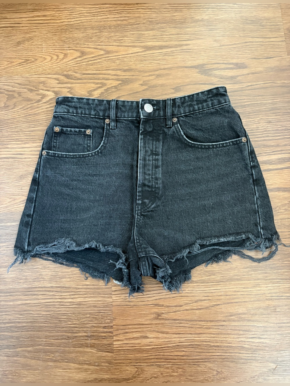 Zara Black High-Rise Frayed Hem Denim Shorts